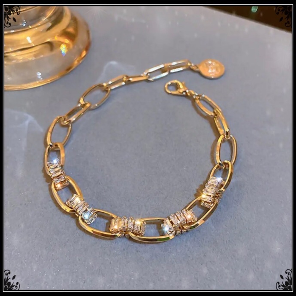 New 14k gold wide link baguette pave simulated diamond statement tennis bracelet